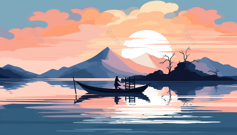 唯美中国风山水画日出日落插画背景,插画/手绘图,插画/手绘图库,插画/手绘图下载,插画/手绘